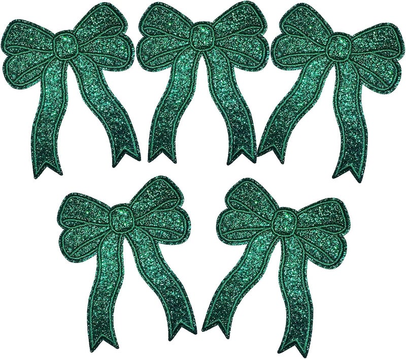 CY 5pcs Green Glitter Sequin Bow Embroidered Patches - Iron On or Sew On - Glamorous Preppy Appliques for Girls & Women's Clothes, Backpacks & Home Decor - Image 1